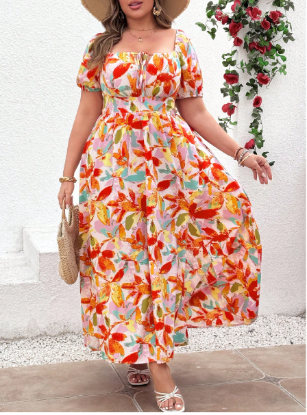 Plus Size Women Plant Print Tie Front Short Sleeve Casual Dress Carousel 3