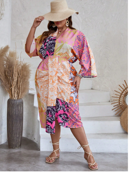 Plus Patchwork Print Ruched Draped Front Dress Carousel 3
