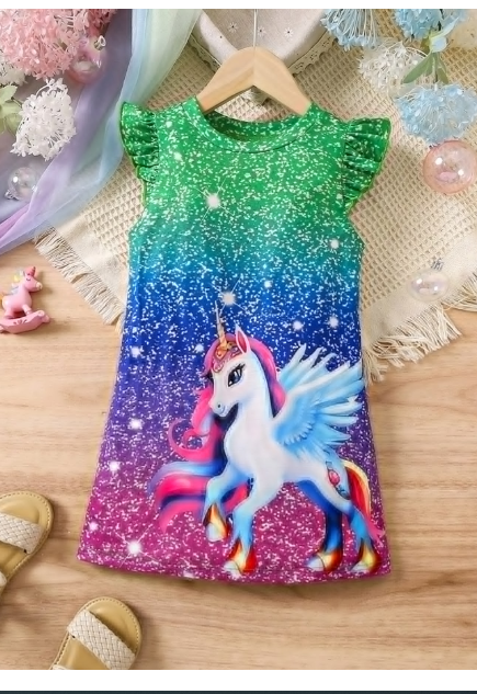 Young Girl Unicorn Printed Flutter Sleeve Dress
