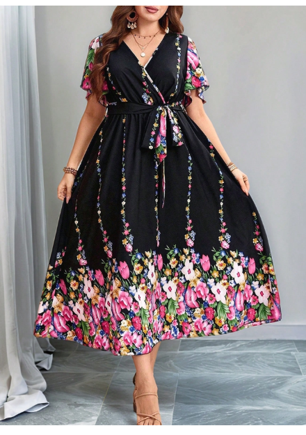 Plus Size Women Boho Floral Print Ruffle Butterfly Sleeve Self-Tie Woven