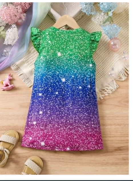 Young Girl Unicorn Printed Flutter Sleeve Dress Carousel 1
