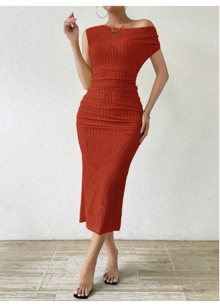 Women's Summer Solid Color Sleeveless Asymmetric Collar Pleated Bodycon Carousel 3