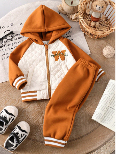 Baby Boy 2pcs Outfit - Dark Color Casual Suit, Letter Embroidery Hoodie Long Sleeve Jacket + Solid Color Pants Carousel 4