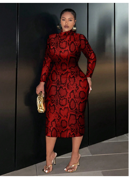 Animal Print Pattern Casual Simple Long Sleeve Bodycon Midi Dress For Plus Size