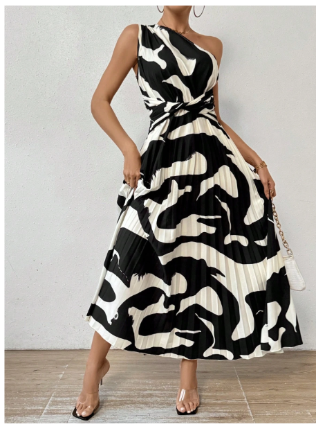Women'S Pattern Printed One Shoulder Sleeveless Dress With Pleated Hem Carousel 3