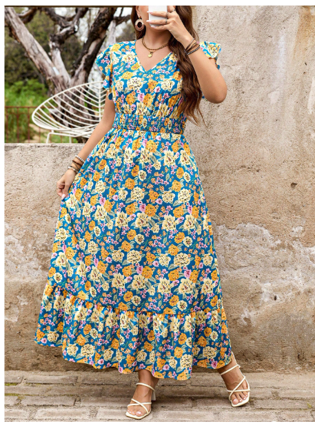 Plus Size Maxi Dress Floral Print Dress Ruffle Sleeves V-Neck Waist Dress Long Dress Carousel 1