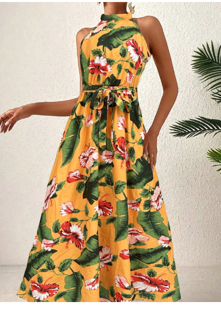 Women's Holiday Tropical Plant Print Halter Long Dress Carousel 3