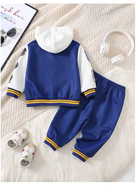2pcs/Set Baby Girl/Boy Letter Print Contrast Color Hoodie Jacket And Jogger Pants Set Carousel 1