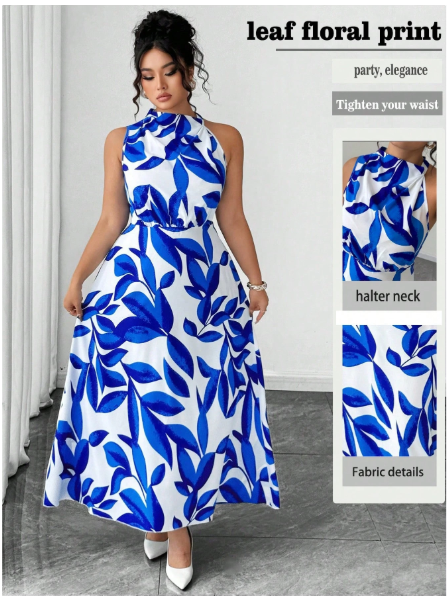 Plus Size Women's Sleeveless V-Neck Solid Leaf Print Ruffle Hem Waist Cinched Maxi Dress
