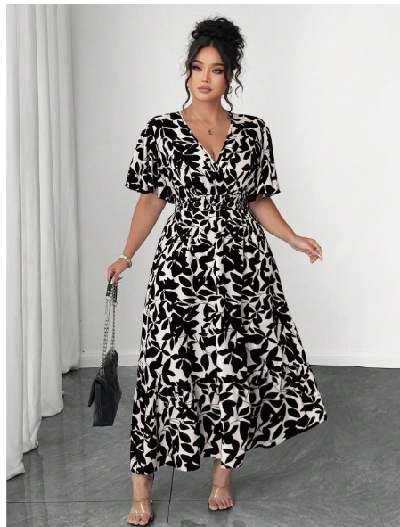 Plus Size Women's Casual Elegant Dual-Color Floral Print Waist-Cinched V-Neck Ruffle Sleeve Maxi Dress Carousel 3