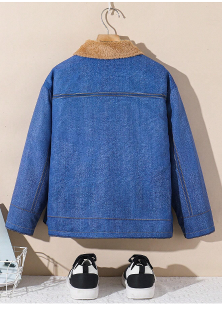 Boys Casual Denim Effect Thermal Lined Mid-Weight Warm Lapel Long Sleeve Woven Jacket Carousel 1
