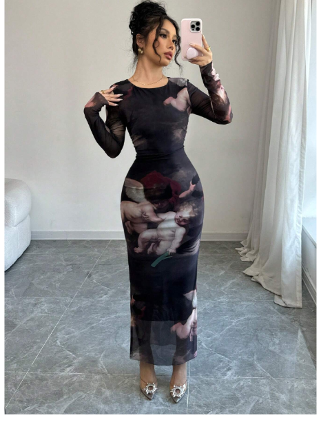 Round Neck Fitted Angel Doll Print Women Dress Carousel 5
