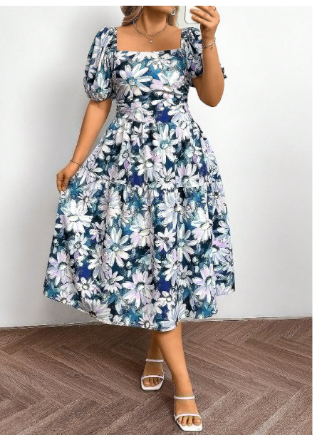 Plus Size Women Fashion All-Over Floral Print Square Neck Ruched Short Sleeve Dress Carousel 5