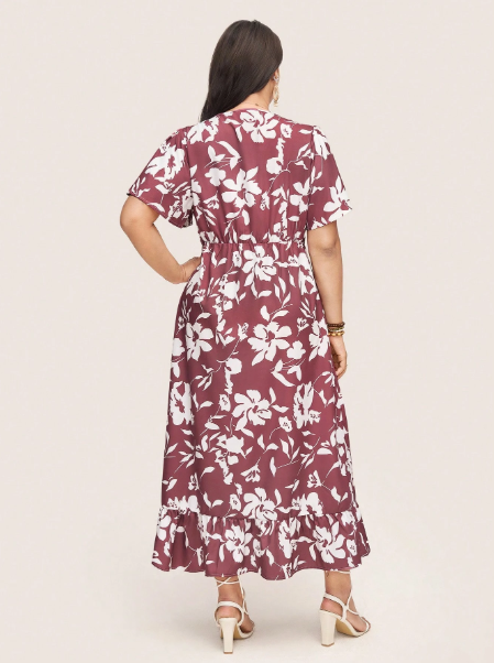 Plus Size Women Floral Print Ruffle Sleeve Carousel 2