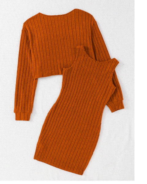 2pcs/Set Teen Girl Button Front Long Sleeve Square Neck Ribbed Knit Sweater Dress Carousel 1