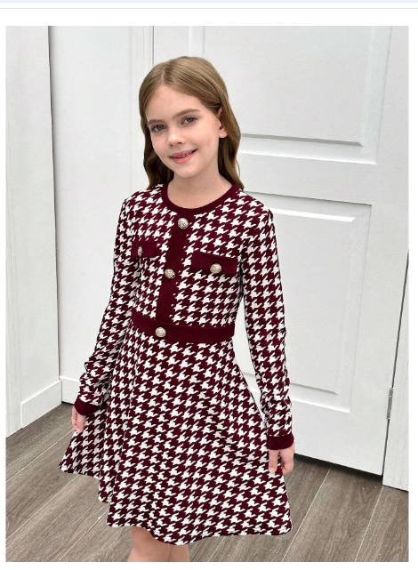 Tween Girl Houndstooth Patchwork Button Decor Round Neck Fitted Elegant Long Sleeve Knit Dress Carousel 2