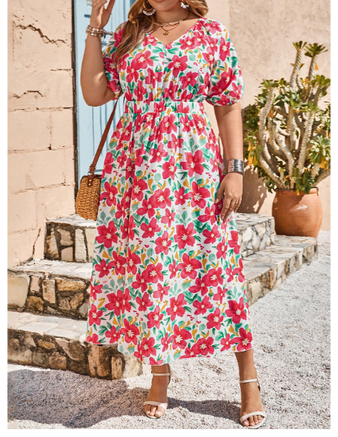 Plus Size Women Floral Print V-Neck Short Sleeve Midi Dress