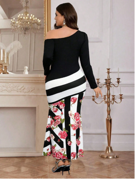 Women's Sexy Form-Fitting Rose Flower Striped Color Block Off Shoulder Long Sleeve Dress Carousel 3