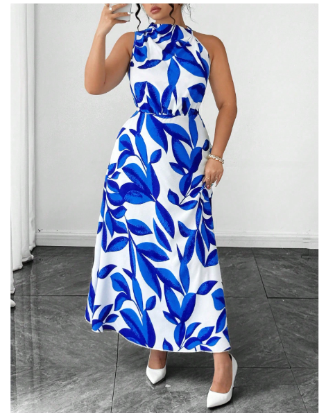Plus Size Women's Sleeveless V-Neck Solid Leaf Print Ruffle Hem Waist Cinched Maxi Dress Carousel 3
