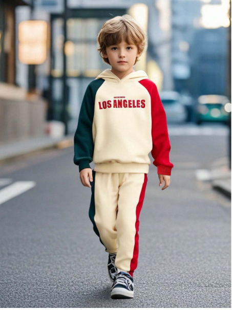 2pcs/Set Young Boy Casual Preppy Tri-Color Splice Top & Pants Set Carousel 4