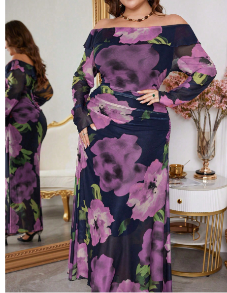 Plus Size Women's Off Shoulder Floral Print Patchwork Ruffle Hem Dress Carousel 4
