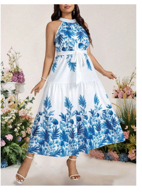  Plus Size Women Elegant Halter Backless Bohemian Floral Print Dress Carousel 5