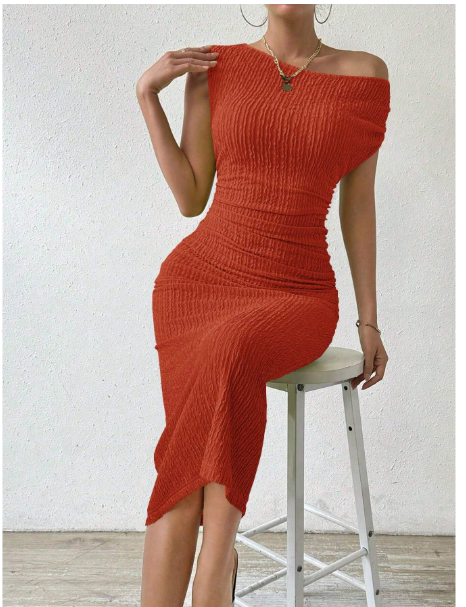 Women's Summer Solid Color Sleeveless Asymmetric Collar Pleated Bodycon Carousel 2