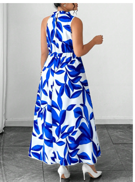 Plus Size Women's Sleeveless V-Neck Solid Leaf Print Ruffle Hem Waist Cinched Maxi Dress Carousel 1
