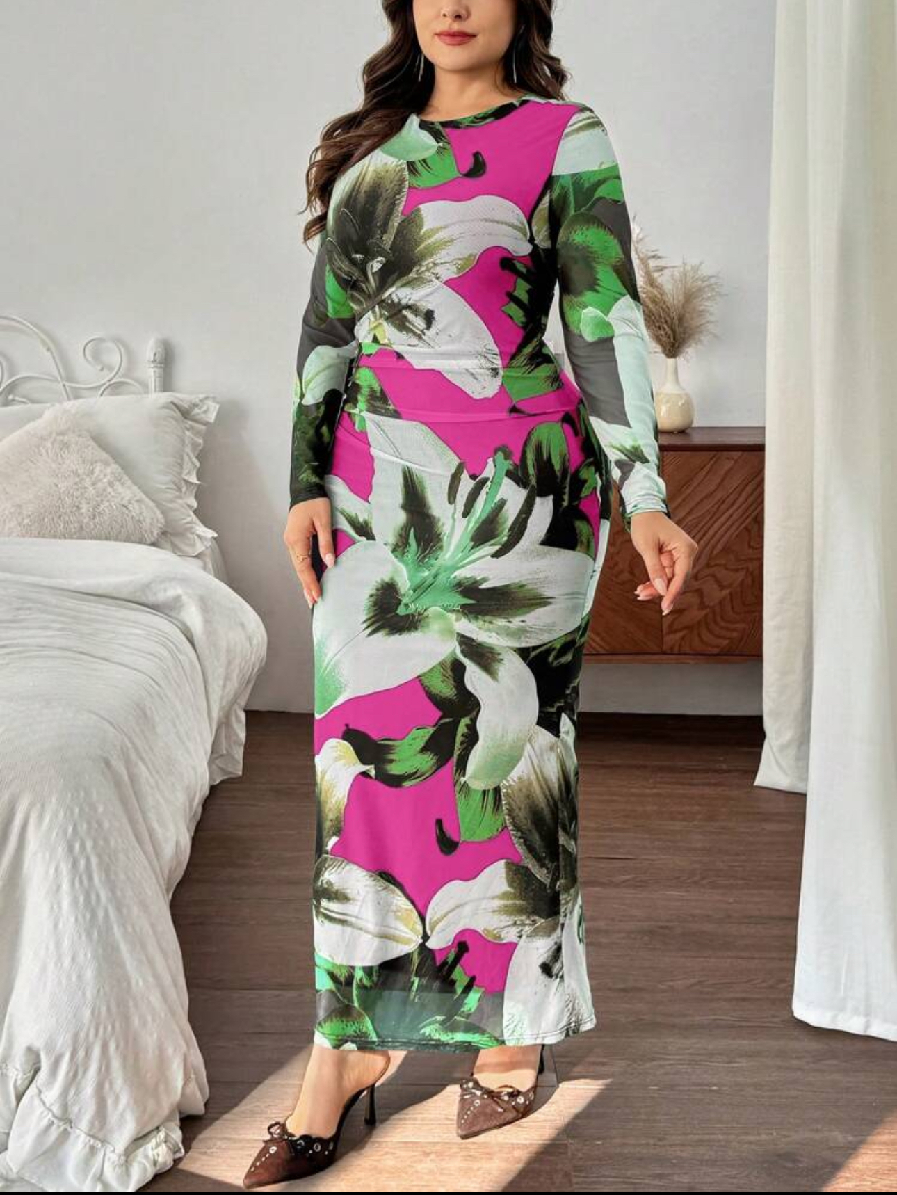 Women floral print elegant long fitted Dress Carousel 2