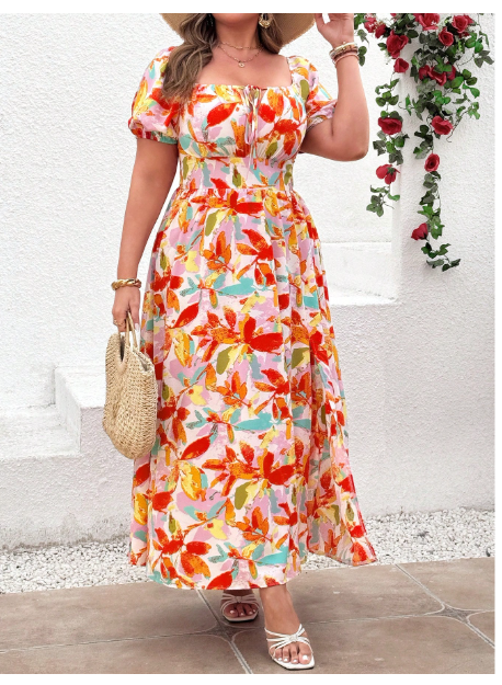 Plus Size Women Plant Print Tie Front Short Sleeve Casual Dress Carousel 4