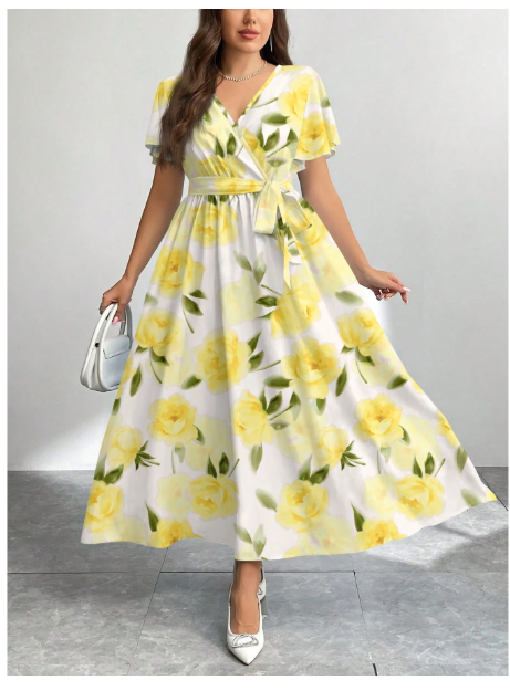 Vintage Yellow Rose Floral Print Loose Fit Plus Size Dress