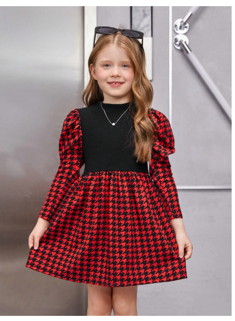 Young Girl Houndstooth Print Gigot Sleeve Dress Carousel 3