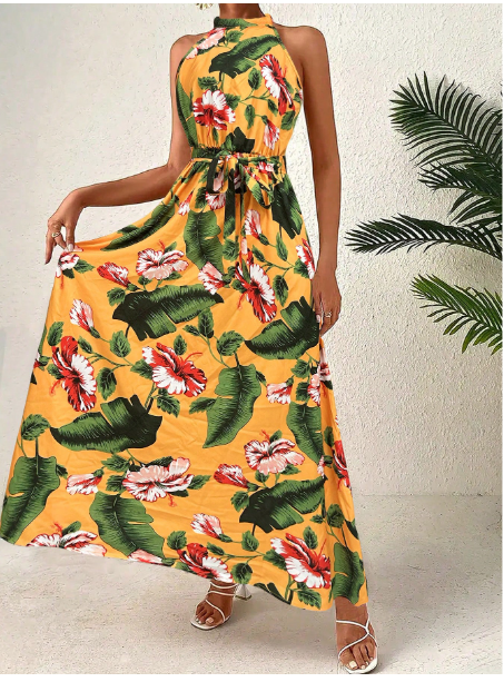 Women's Holiday Tropical Plant Print Halter Long Dress Carousel 2