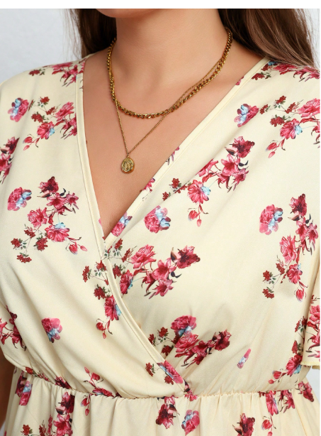 Plus Size Women V-Neck Waist Fit Floral Printed Flare Sleeve Carousel 5
