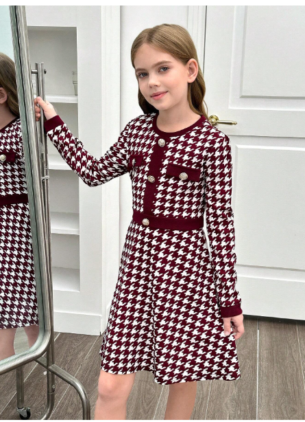 Tween Girl Houndstooth Patchwork Button Decor Round Neck Fitted Elegant Long Sleeve Knit Dress Carousel 1