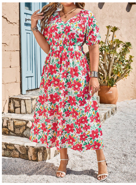 Plus Size Women Floral Print V-Neck Short Sleeve Midi Dress Carousel 4