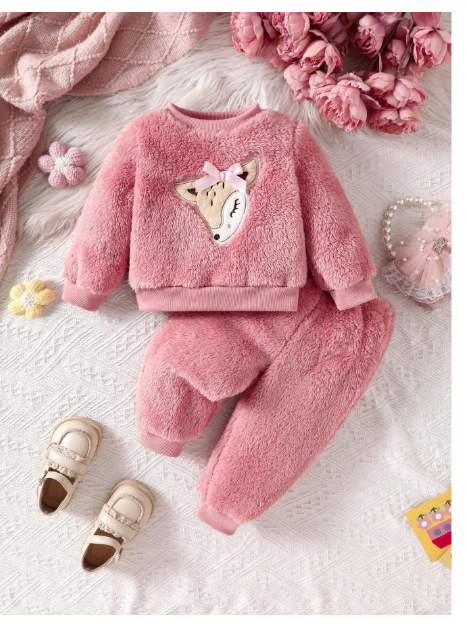 Baby Girl Casual Animal Embroidered Fleece Sweatshirt And Sweatpants Set
