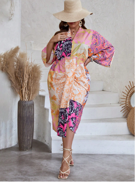 Plus Patchwork Print Ruched Draped Front Dress Carousel 2