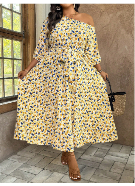 Plus Size Women Vacation Ditsy Floral Asymmetric Neckline Lantern Sleeve Dress
