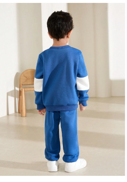 Young 2pcs/Set Boy Color Block Letter Print Crew Neck Long Sleeve Top And Pants Set Carousel 1