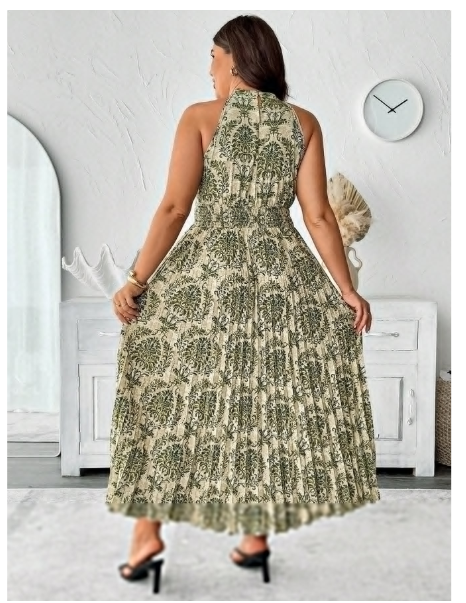 Plus Size Women Crew Neck Sleeveless Pleated Dress Carousel 3