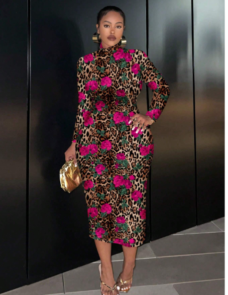 Plus Size Long Sleeve Round Neck Fitted Long Floral Leopard Print Dress Carousel 1