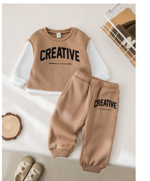 2pcs Baby Boy/Girl Casual Loose 2 In 1 Letter Graphic Sweatshirt & Pants Set Carousel 2