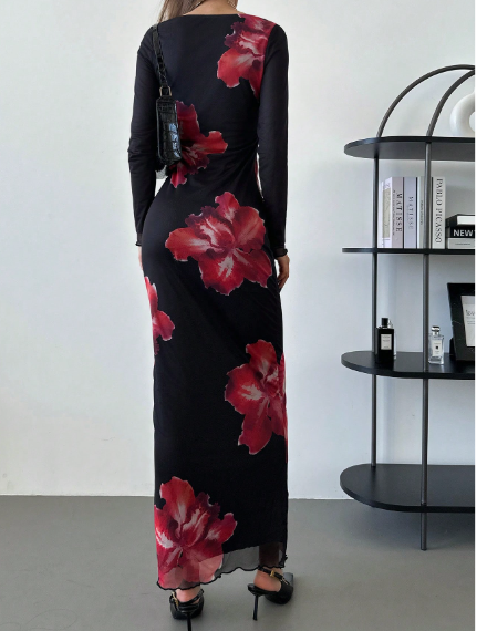 Floral Net Mesh Print Long Sleeve Square Neck Carousel 1