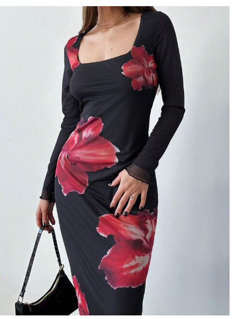Floral Net Mesh Print Long Sleeve Square Neck Carousel 3