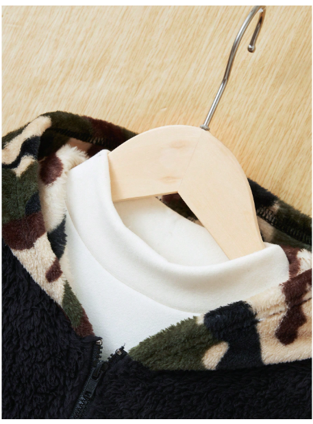 Young Boy Camo Print Hooded Fluffy Jacket & Pants Without Tee Carousel 4
