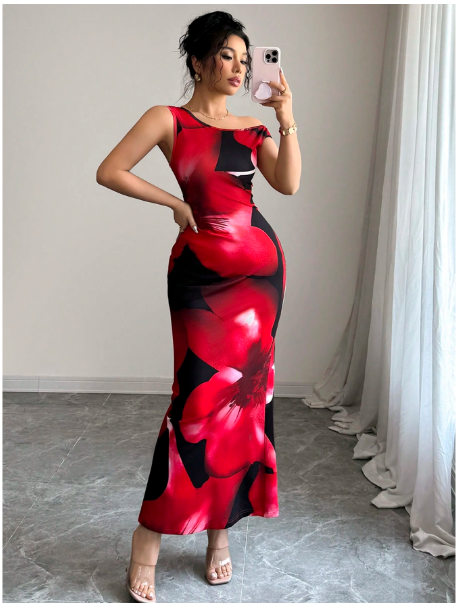 Floral Print Off-The-Shoulder Waist Shaping Fitted Dress Carousel 5
