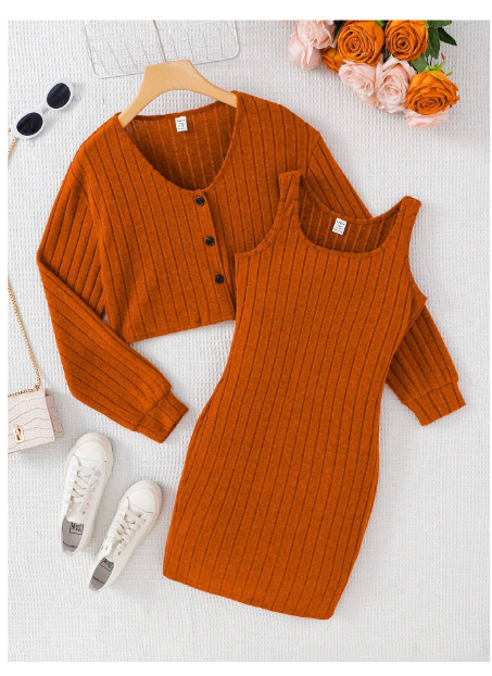 2pcs/Set Teen Girl Button Front Long Sleeve Square Neck Ribbed Knit Sweater Dress