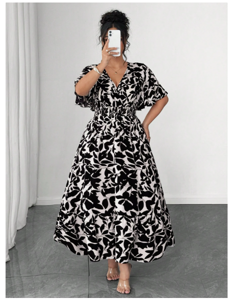 Plus Size Women's Casual Elegant Dual-Color Floral Print Waist-Cinched V-Neck Ruffle Sleeve Maxi Dress Carousel 5