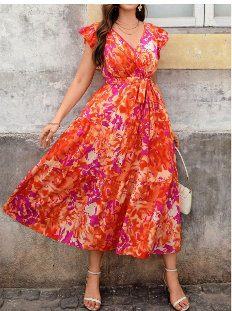 Plus Size Women Floral All-Over Print V-Neck Casual Holiday Ruffle Hem Midi Dress